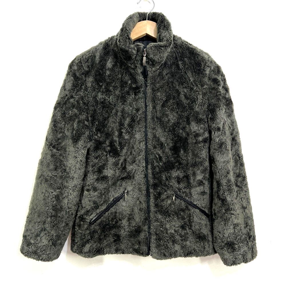 VTG 90's Esprit Faux Fur Blazer Coat Zip Up Womens Small Gray Mob Wife Soft Read